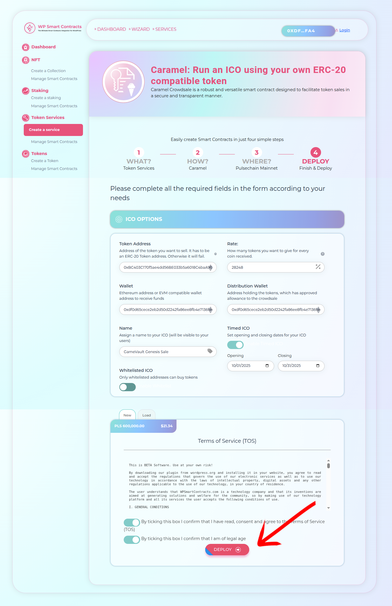 Configure token, wallets, name and dates for the ICO