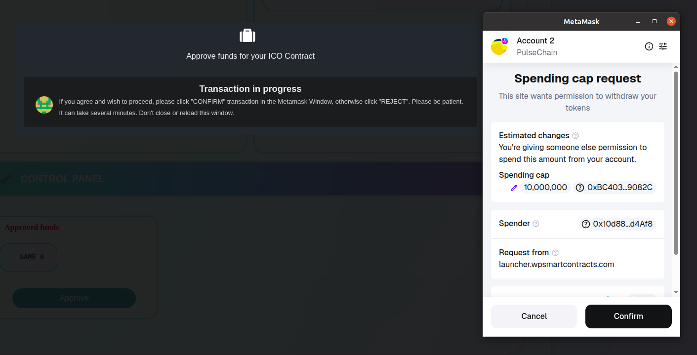 Approve allowance transaction in MetaMask