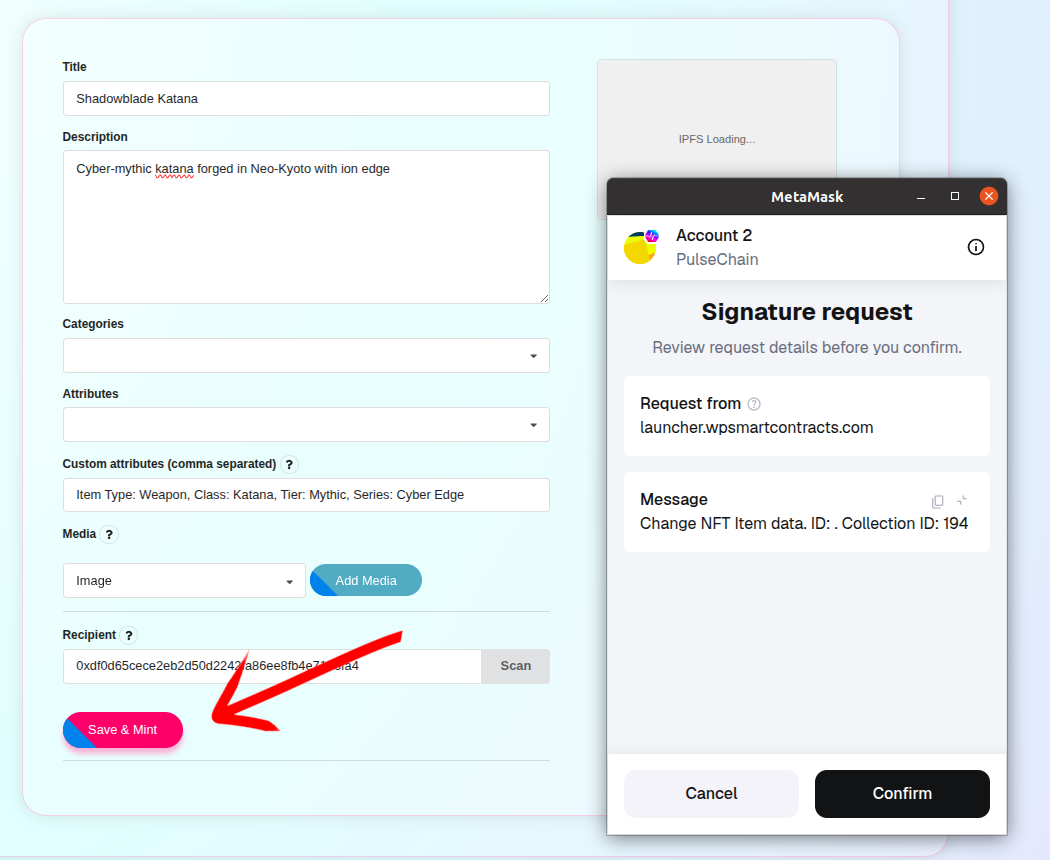 Click Save and Mint and confirm the signature